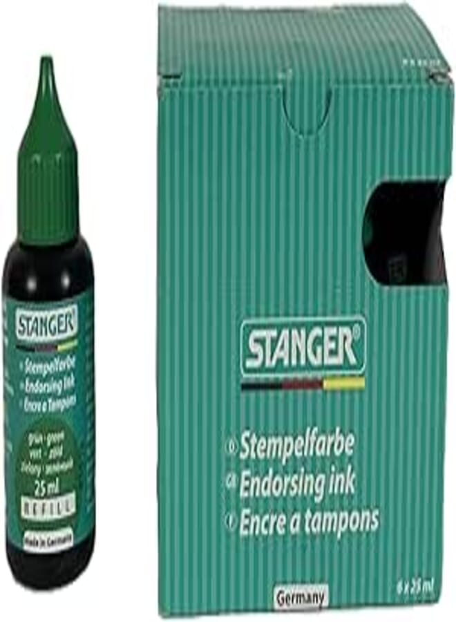 Stanger Stamp Ink 25ml – Endorsing Ink with Dosing Tip – Box of 6 Bottles – Oil-Free – For Rubber & Endorsement Stamps – Available in Violet, Blue, Green, Red (Green)